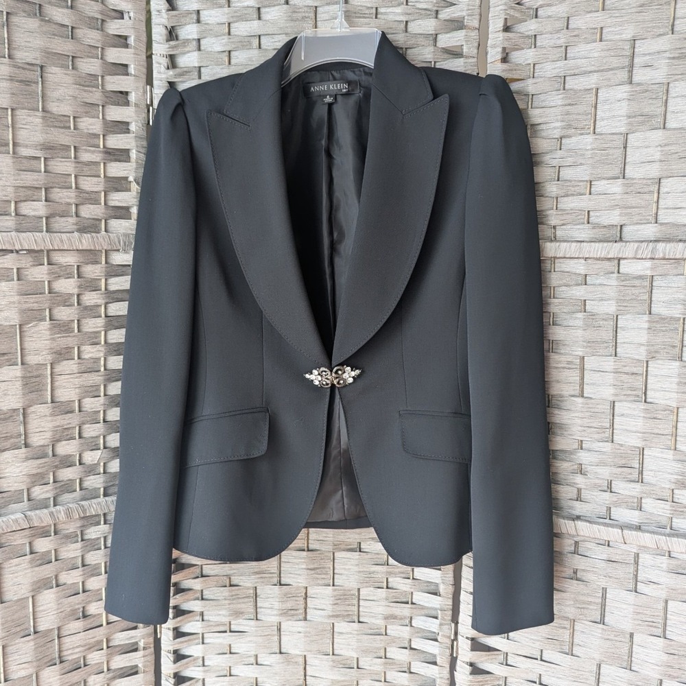 Anne Klein Blazer Black Rhinestone Buckle Puff Shoulder Sz 6 Formal Bling Glam